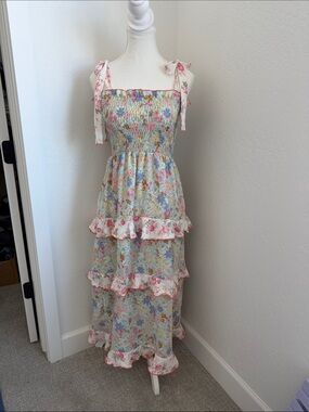 Haptics Floral Tiered Smocked Maxi Dress with Tie Straps - Pink Floral NWT